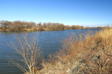 冬の朝の風のある江戸川風景