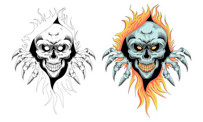 Two illustrations of outline and colored skull ornaments