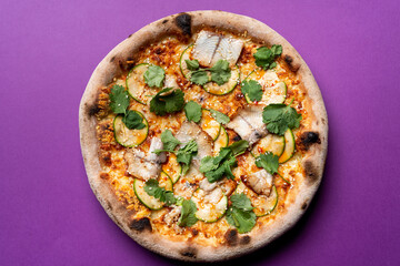 Top view of seafood gourmet pizza with trout fillet and parsley, modern pizzeria photo menu