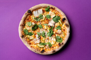 Top view of seafood gourmet pizza with trout fillet and parsley, modern pizzeria photo menu