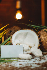 Concept of coconut candy with a ripe half cut coconut with green leaves on a brick wall background
