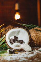 Concept of coconut candy with a ripe half cut coconut with green leaves on a brick wall background