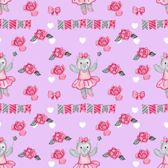 Beautiful seamless watercolor pattern with cute toy bears, stars, flowers