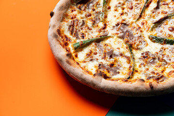 Oven baked zucchini and cheese pizza close up, menu photography, studio shot