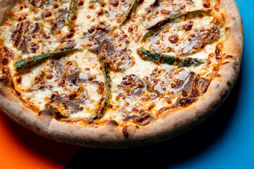 Oven baked zucchini and cheese pizza close up, menu photography, studio shot