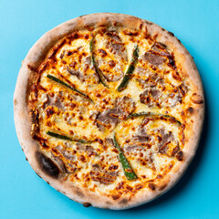 Vegetarian pizza menu photography on colorful background with a roasted crispy cheese