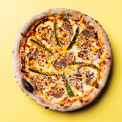 Vegetarian pizza menu photography on colorful background with a roasted crispy cheese