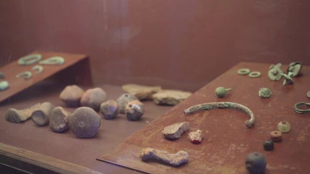 Etruscan civilization anklets, necklaces, earrings in archeology museum, Italy
