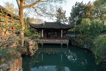 Landscape and buildings in Couple's Retreat Garden, a classical Chinese garden in Suzhou, China