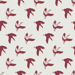 Vintage Seamless Pattern with Flying Red Bird Vector Silhouette