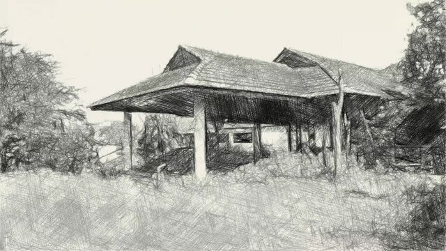 art drawing black and white of abandoned home