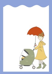 雨の日のレインカバーをしたベビーカーを押すレインコートを着た女性のイラスト