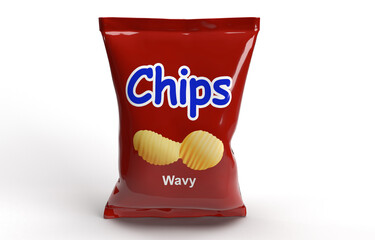 Chips wavy in red bag 3D rendering