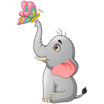 Cute elephant cartoon with butterfly. Vector illustration