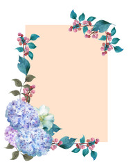 Watercolor floral frame composition with hydrangeas flowers and red red berries	