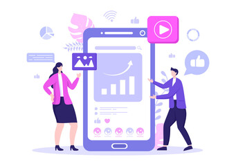 Social Media Marketing Illustration For Advertising Online Service Platform, Online Course, Analytic, Ad Management Software, Website