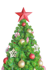 Christmas tree with red ornaments and star, isolated on white  with clipping path