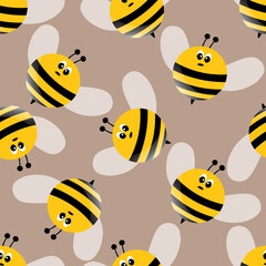 Obraz premium Seamless pattern with bees on color background. Small wasp. Vector illustration. Adorable cartoon character. Template design for invitation, cards, textile, fabric. Doodle style