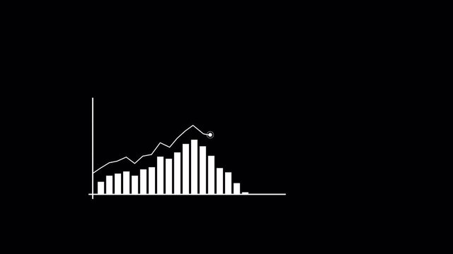 Animation of  ascending blue histogram chart with uparrow, Statistics, Data, quotes, Rising chart. Flyby of the camera. Alpha channel. No background.