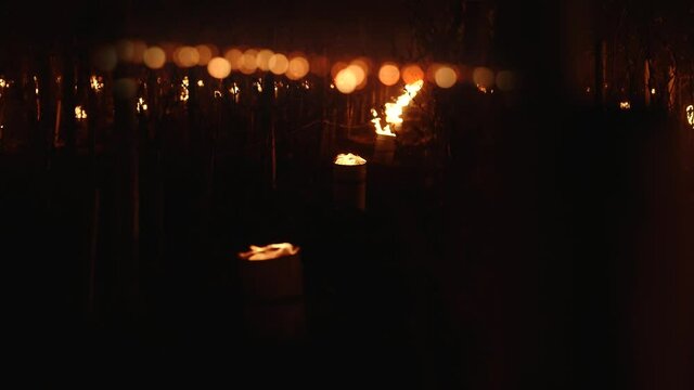 Candles burning to heat up the Vineyards in Chablis, France. Slow motion focus rack