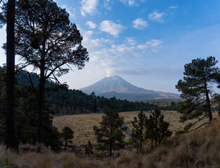 Obraz premium Dry grassy field with the smoky Popocatepetl stratovolcano in the background in Mexico