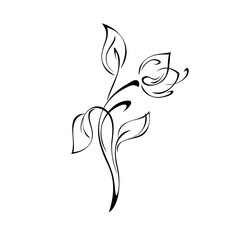 ornament 1714. one stylized flower Bud on a curved stem with leaves and curls in black lines on a white background