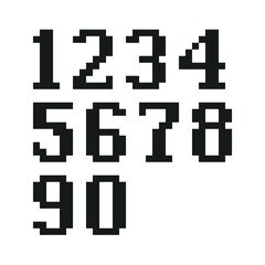 Set of pixel numbers. 8 bits. Modern stylish fonts or typeface for headline or title design like poster, layout design, game, website or print.