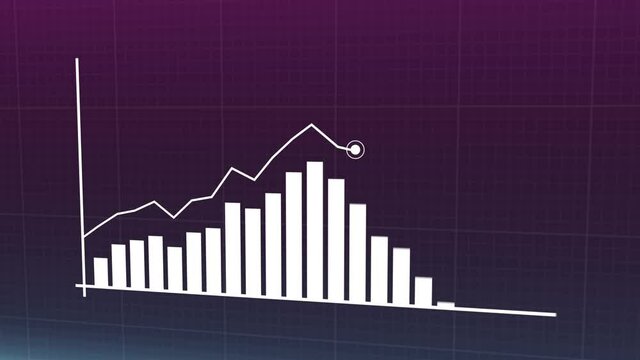Animation of  ascending blue histogram chart with uparrow, Statistics, Data, quotes, Rising chart. Camera flyby.