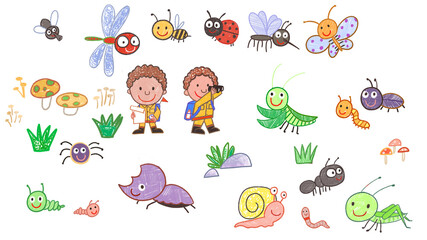 Insects, Adventurer, Bee, Ladybug, snail, cricket, dragonfly, earthworm, ants, butterfly Backdrop Background. Cute oil pastel drawing crayon doodle for children book illustration poster wall painting