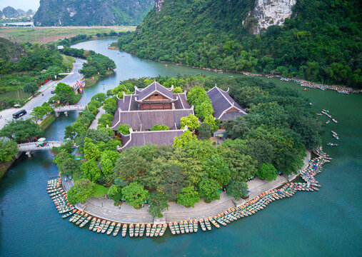 NINH BINH, VIETNAM - APRIL 21, 2021: Aerial view of the main Pagoda in the center of Trang An - Bai Dinh Spiritual and Cultural Complex