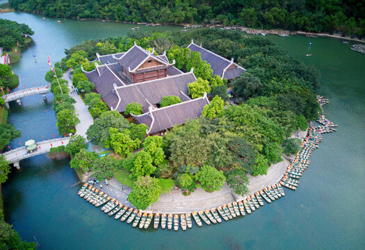 NINH BINH, VIETNAM - APRIL 21, 2021: Aerial view of the main Pagoda in the center of Trang An - Bai Dinh Spiritual and Cultural Complex