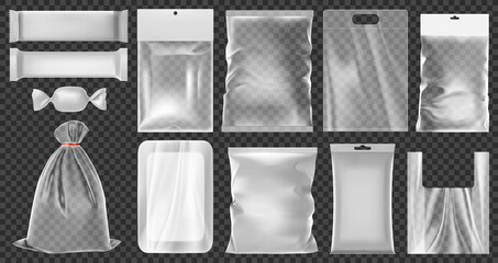 Realistic plastic package. Empty vacuum plastic containers, clean polythene food packaging vector illustration set. Transparent 3d plastic bags