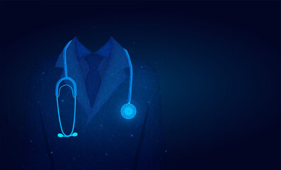 doctor in medical lab coat with a stethoscope.Doctor in hospital background with copy space. low poly wireframe.