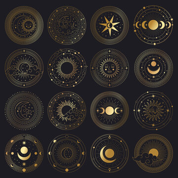 Magical sun and moon circle. Sacred golden ornate circle frames, sun, moon and clouds vector illustration symbols set. Mystical night sky elements