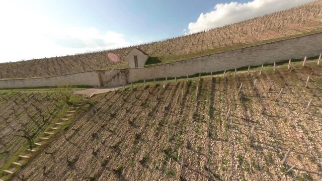 a dynamic orbiting aerial view of a house and wall in the Vineyards in Chablis, France