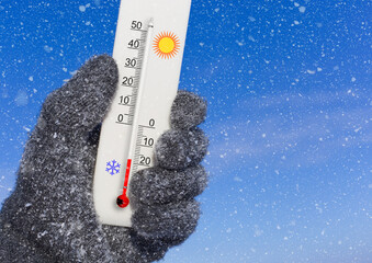 White celsius scale thermometer in hand. Ambient temperature minus 18 degrees