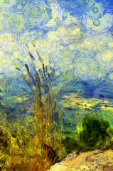 A mountain landscape with flowers, grass and land  Illustrations creates an impressionist style of painting.