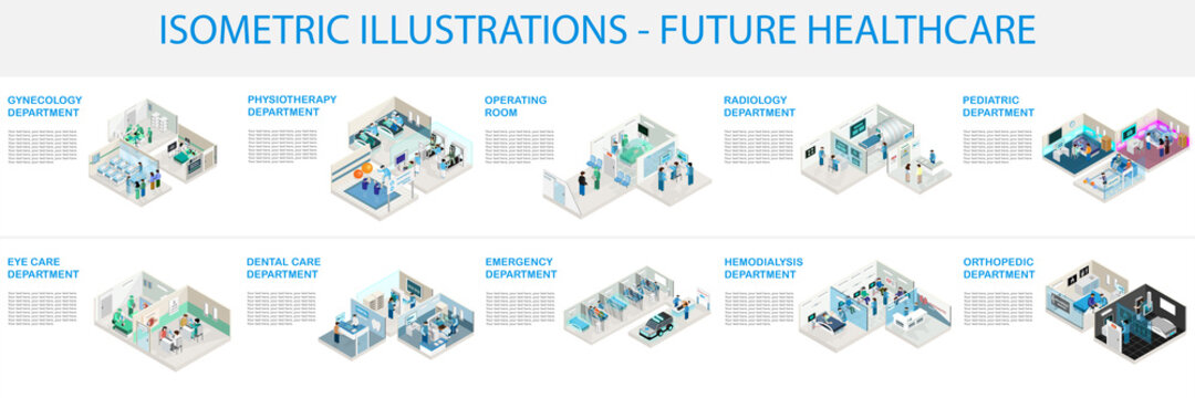 Future modern hospital isometric vector.. With modern equipments and services. Key departments included.