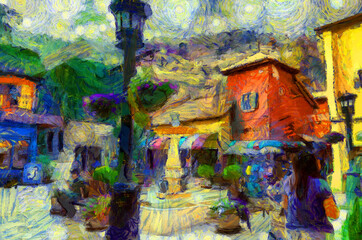 Italian style architecture village landscape Illustrations creates an impressionist style of painting.