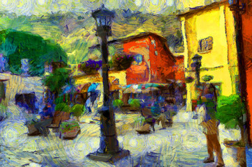 Fototapeta na wymiar Italian style architecture village landscape Illustrations creates an impressionist style of painting.