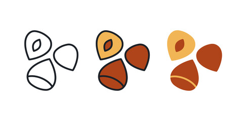 Hazelnut icon. Linear color flat icons of nuts, contour, shape, outline isolated on white. Thin line. Modern design. Vector set. Healthy food and vitamins