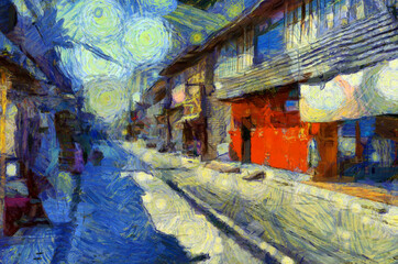 Landscape of an ancient trading village in Thailand Illustrations creates an impressionist style of painting.