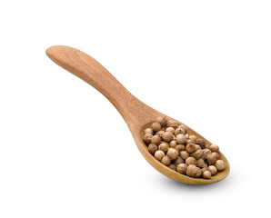dried coriander seeds in wooden spoon isolated on white background ,include clipping path