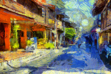 Obraz na płótnie Canvas Landscape of an ancient trading village in Thailand Illustrations creates an impressionist style of painting.