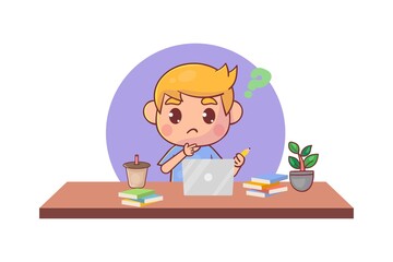Happy cute little kid does home school with a computer laptop to study e-learning courses. Premium Vector
