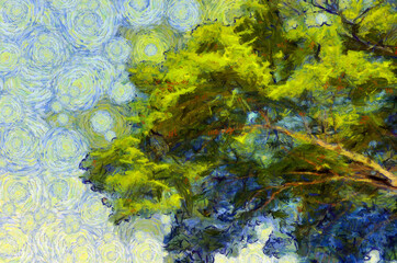 Fototapeta na wymiar Tree leaves in the sky background Illustrations creates an impressionist style of painting.