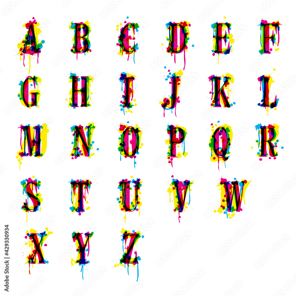 Poster an abstract font imitating a leaked printer. alphabet cmyk vector.