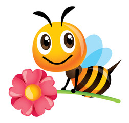 Obraz premium Cartoon cute bee holding pink flower with big smile - vector character