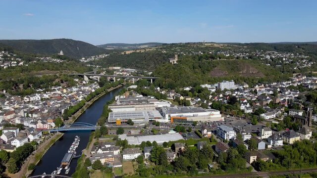 Aerial drone shot of the Rhine River and Lahnstein, Germany.