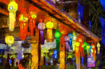 Fototapeta na wymiar Landscape of a house with antique lanterns made of multicolored paper Illustrations creates an impressionist style of painting.